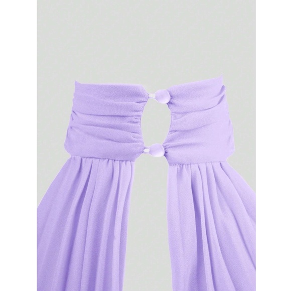 Pleated Lavender Mini Dress Tie Neck Short A-Line Flared - Picture 7 of 11